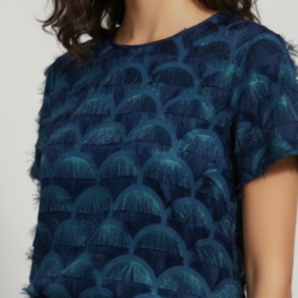 long tall sally Tops - Long Tall Sally Peacock Shimmer Fringe Blouse Size 8 Teal Blue Art Deco Pattern